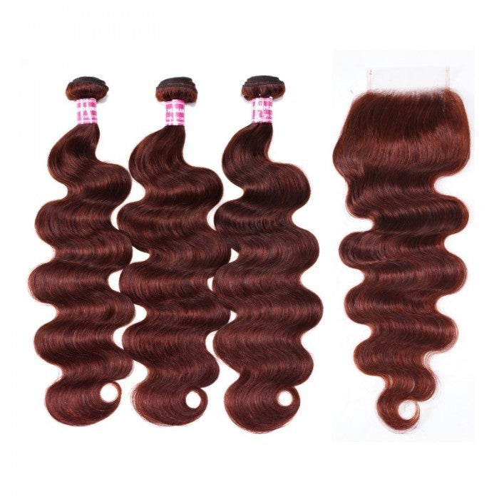 Klaiyi 3 Bundles with Lace Closure Pre Plucked Auburn Copper Reddish Brown Human Hair