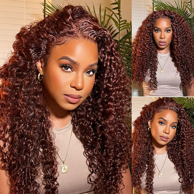 Reddish Brown Pre Cut Put On and Go Jerry Curl Lace Wig Flash Sale