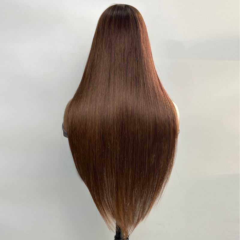 Klaiyi Mocha Brown Bone Straight Wig With Bang Machine Made Human Hair Flash Sale