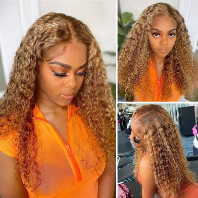 Klaiyi Honey Blonde Highlight Lace Frontal Wig Pre Plucked Jerry Curly ...