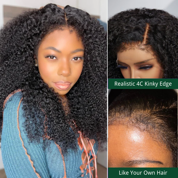 Klaiyi Kinky Curly 7x5 Bye Bye Knots Wigs with 4C Realistic Kinky Edge Bleached Knots Wig