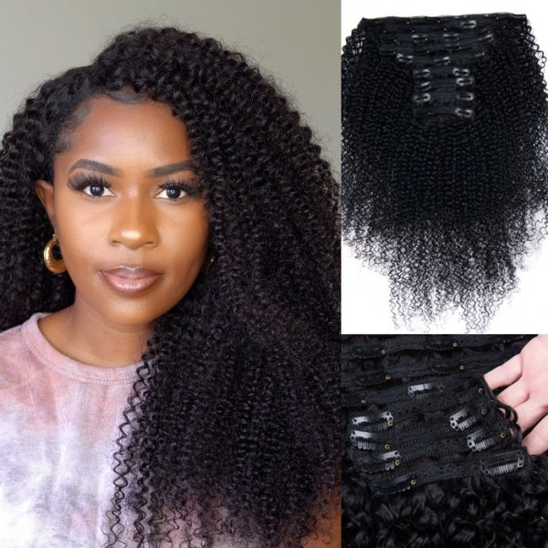 Klaiyi Hair 4C Kinky Curly Clip in Human Hair Extension 9 PCS/Set Full Head Natural Black Ponytail Hair Extensions Flash Sale