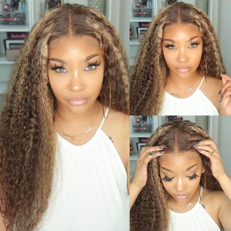 24"=$29 Installment| Honey Blonde Highlight Bouncy Jreey Curl T Part Lace Wigs Flash Sale