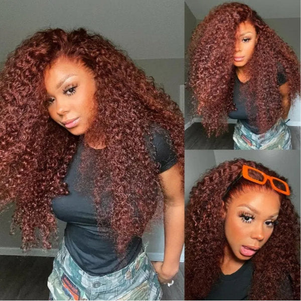 Klaiyi Jerry Curl 3 Bundles Hair Weave with Lace Closure Reddish Brown Human Hair