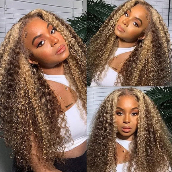 24''=$139 | Pre-Cut Glueless Honey Blonde Highlight Lace Wig Jerry Curl Flash Sale