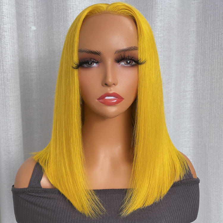 Klaiyi 180% Density Energetic Lemon Yellow Color Lace Front Bob Wig Flash Sale