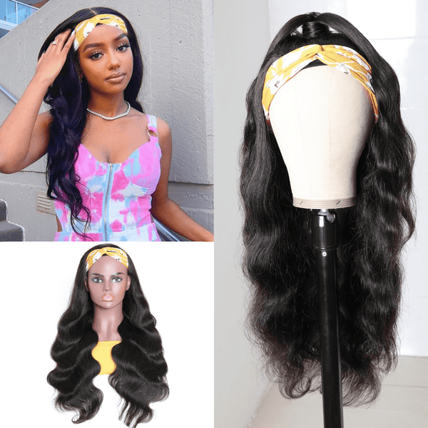 Klaiyi Flash Deal Body Wave Headband Wig Glueless Human Hair Wigs With Pre-attached Scarf Half Wig 150% Density