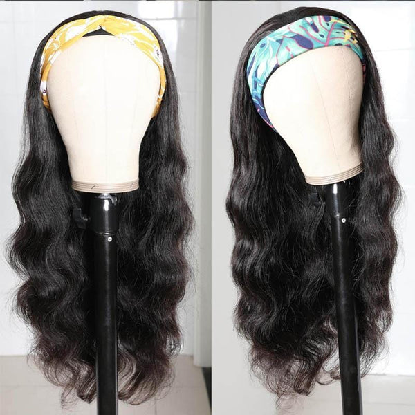 Klaiyi Flash Deal Body Wave Headband Wig Glueless Human Hair Wigs With Pre-attached Scarf Half Wig 150% Density