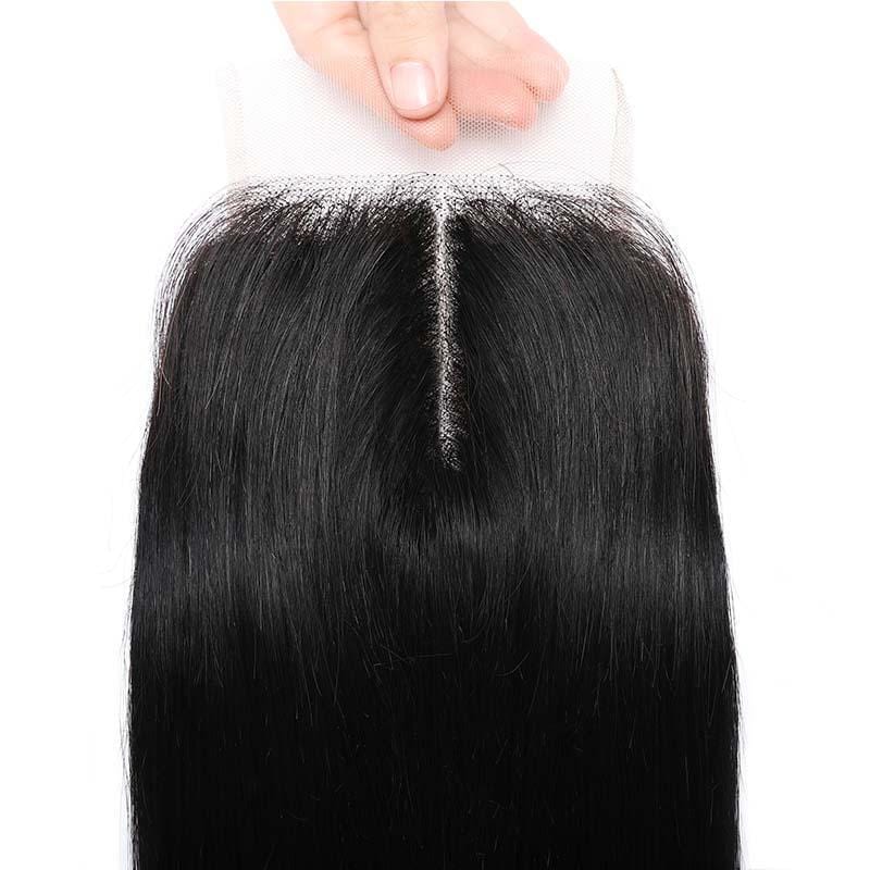 Klaiyi Straight Human Hair Closure Middle Part 4x4 T Part Lace Closure Pre Plucked Natural Hairline