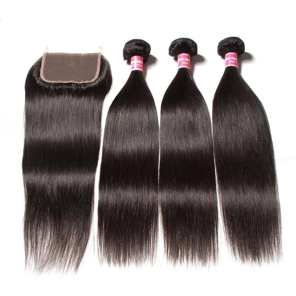 Klaiyi-Peruvian Straight Hair with Closure,3 Bundles Virgin Human Hair ...